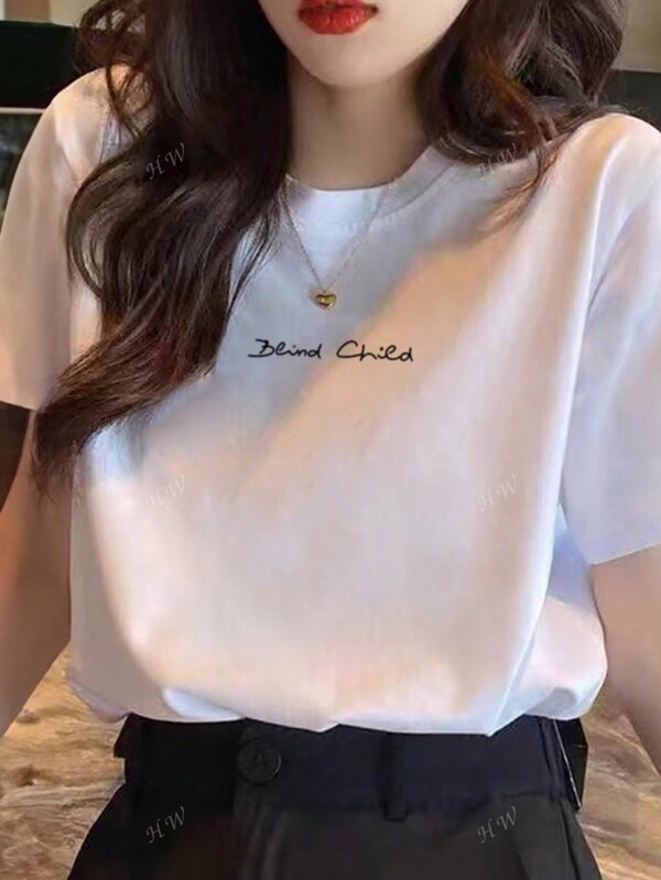 Women Loose Casual Letter Print Scoop Neck Drop Shoulder Short Sleeve T-Shirt, Summer