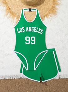 Tween Girls' Color Block One-Piece Swimsuit/With Shorts Set