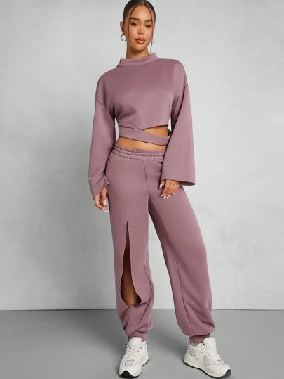 Denimoi Cut Out Sweatshirt & Jogger Pants Two Pieces Set