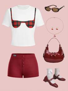 SHEIN Essnce Spring/Summer New Printed Bra Top Women's T-Shirt 2pcs Set, Best Friends - White - View 3