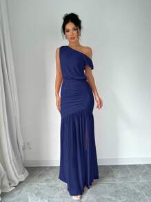 Elenzga Maxikleid für Frauen mit hohem Schlitz, schräger Schulter und Mesh-Einsatz