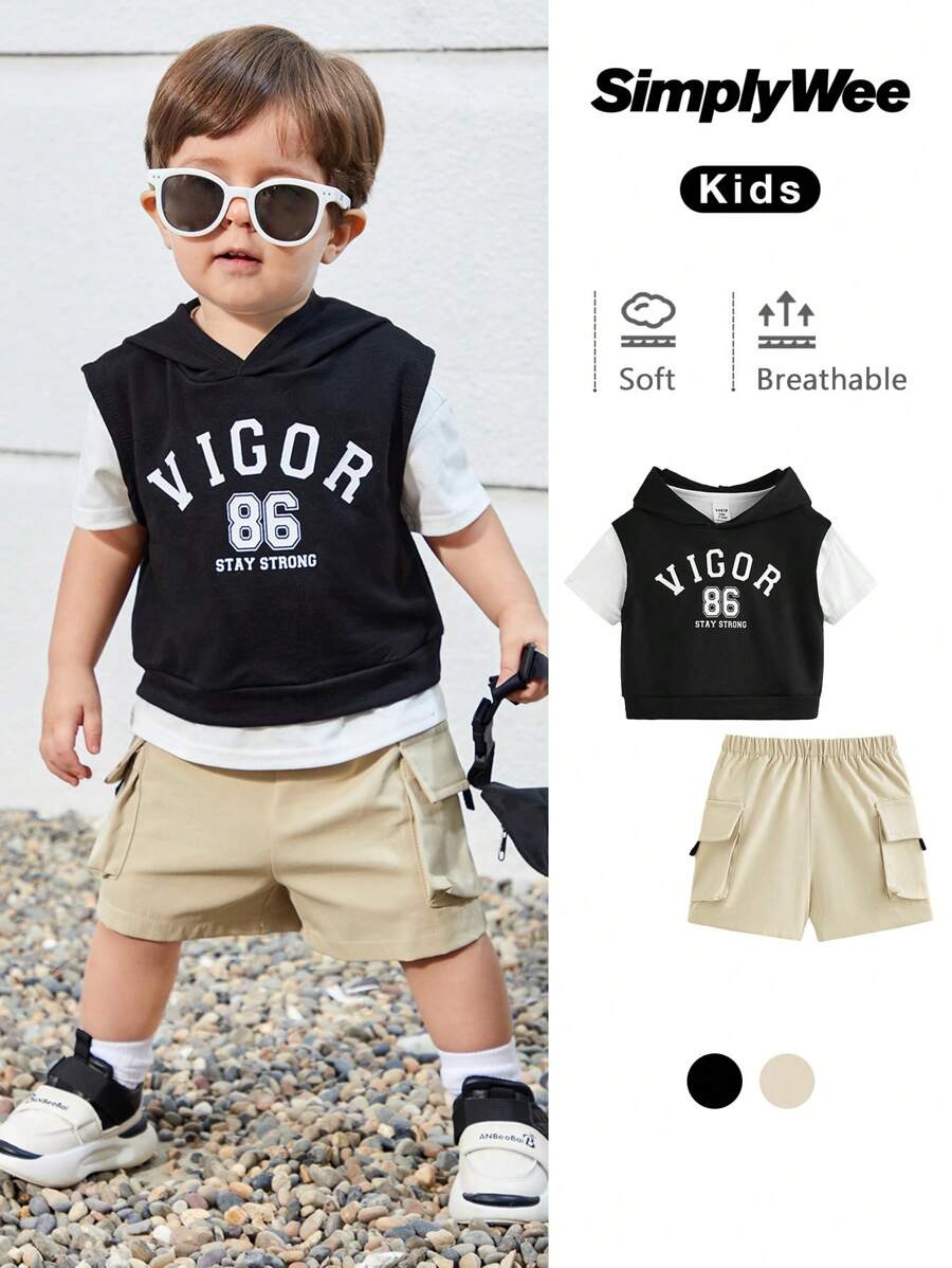 SHEIN 3入組嬰兒男女休閒字母印花連帽無袖上衣配彈性腰口口袋短褲和短袖T恤，適用於夏季