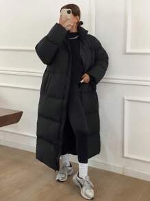 DAZY Women's Solid Color Stand Collar Long Warm Padded Coat, Winter Outwear - Black - View 6