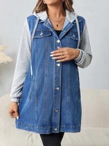 SHEIN 孕婦牛仔外套，休閒長款藍色短袖拼接款