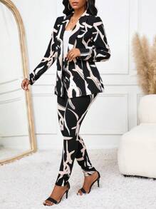 SHEIN Lady Women's Abstract Stripe Print Long Sleeve Blazer And Trousers Suit Set, Going Out Outfits Black And White Teacher Clothes Women Vintage Clothes