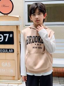 Boy's Fall/Winter Sleeveless Vest And Long Sleeve T-Shirt Graphic Combo Sweatsuit Set - Khaki - View 4