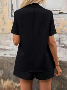 SHEIN Clasi Conjunto de Blazer e Shorts com Mangas Curtas Simples de Cor Sólida Diário para Mulheres - Preto - Visão 2