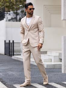 Manfinity VCAY Men's 3pcs Woven Casual Suit Jacket Set For Spring And Autumn - Apricot - View 4