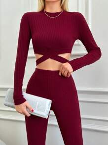 EURMUSE Cross-wrap Ribbed Knit T-shirt And Leggings Two-piece Set - Burgundy - View 5