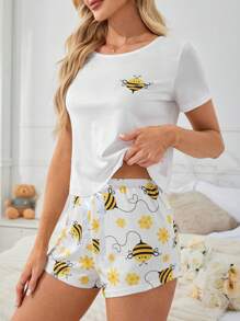 SHEIN 女士夏季蜜蜂印花短袖 T 恤和短裤睡衣套装 - 彩色 - 查看 4