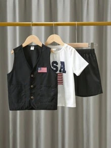 Kids Summer Outfits - 3pcs Young Boy Comfortable & Casual Style American Independence Day Flag Printed T-Shirt, Flag Patch Vest And Shorts Set