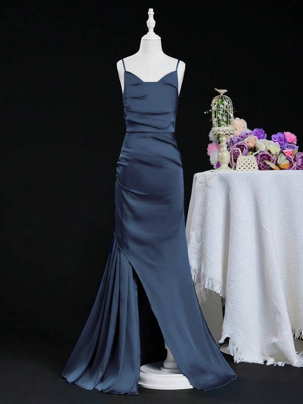 SHEIN Adolescent Girls' Fitted High-Waisted Spaghetti Strap Fishtail Slit Dress, Suitable For Weddings, Formal Parties, Birthdays