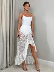 Firerie Women's Solid Color High-Low Elegant Ruffle Hem Skirt - White - View 4