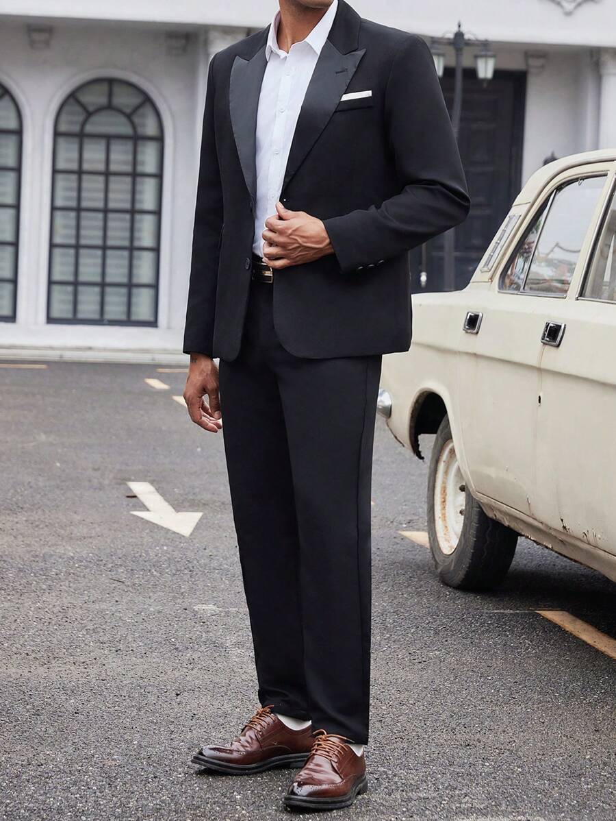 Manfinity Mode Men Single Button Blazer & Suit Pants - Black - View 1