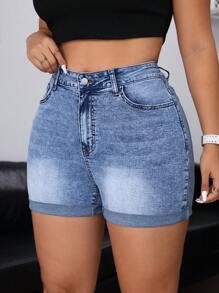 SHEIN Essnce Plus Size Denim Shorts With Pockets And Buttons, Summer