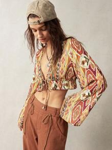 Bohemela Women's Full Print Vacation Style Tie Front Ruffle Hem Long Sleeve Cropped Shirt