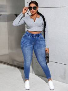 Slaydiva Plus Size Tight Sexy Denim Pants With Pockets - Medium Wash - View 3