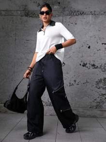SHEIN Sports T-shirt de sport à quart de zip avec col contrastant pour l'été - Blanc - Voir 2