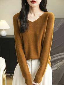 女士 100% 美利奴羊毛毛衣 单线无缝毛衣 女士 V 领毛衣 秋冬长袖柔软针织套头衫