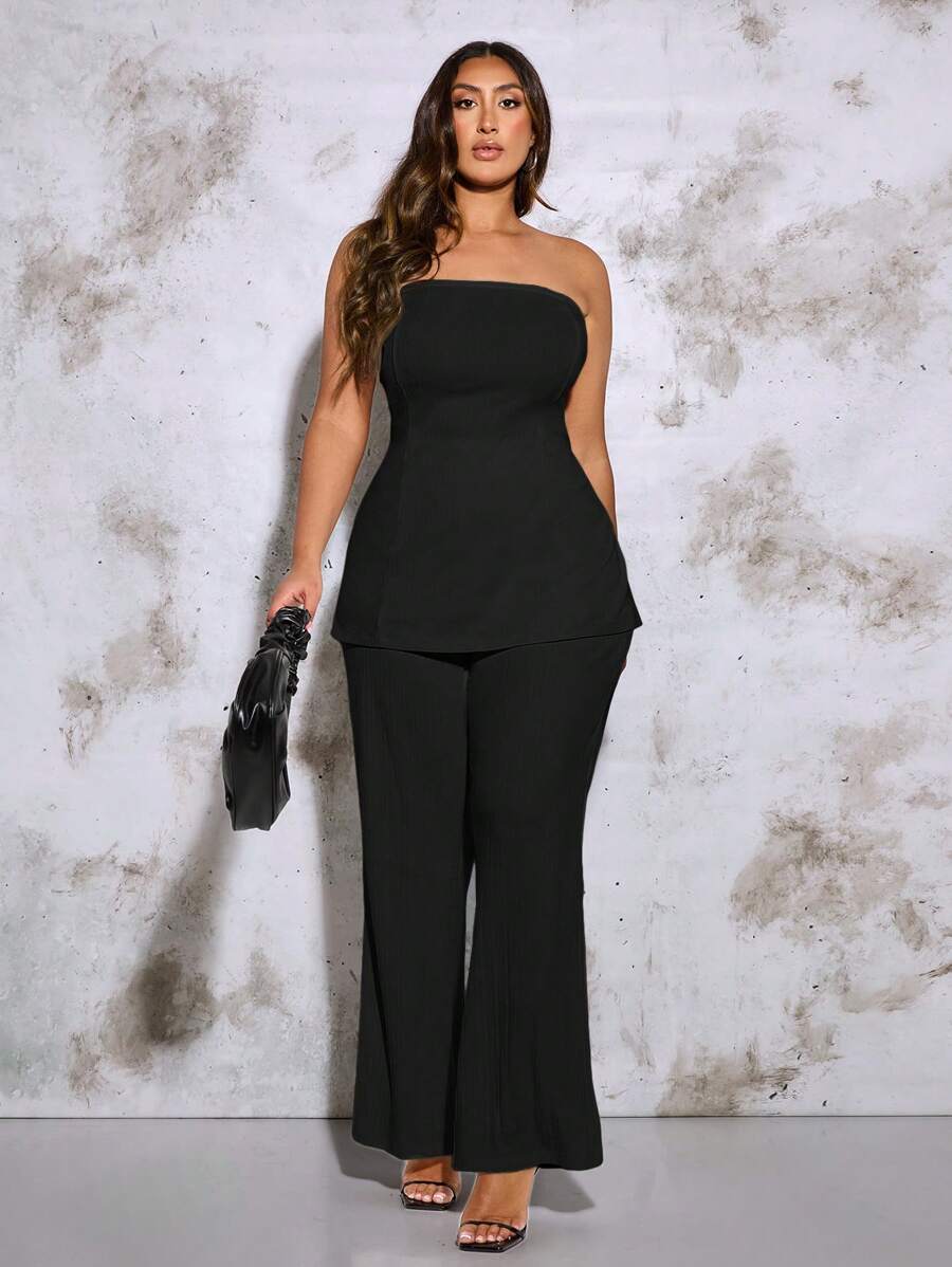 SHEIN BAE Plus Size Women's Fashionable And Versatile Solid Color Tube Top Vest And Pants Two-Piece Set - Black - View 1