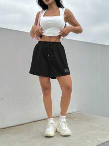 SHEIN EZwear Shorts de sport décontractés en vrac d'été roses avec cordon de serrage à la taille et détails de patch