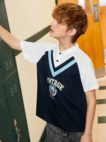 SHEIN 青少年男童夏季休閒字母印花短袖拼色POLO衫 - 彩色 - 查看 4