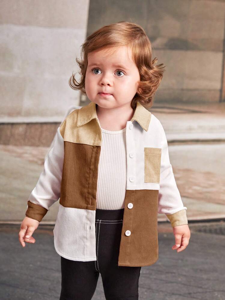 SHEIN Baby Girl Corduroy Jacket With Colorful Patchwork Turn Down Collar And Pockets SHEIN USA