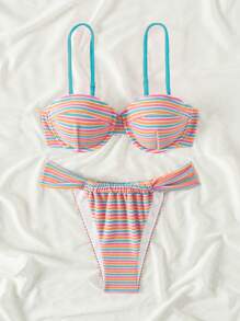 SHEIN Swim 女士条纹性感比基尼套装，适合夏季海滩，两件套比基尼套装 - 彩色 - 查看 5