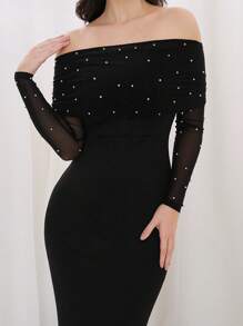 Modelyn Off Shoulder Pearls Beaded Mesh Insert Bodycon Dress Long Evening Dresses