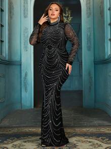 QOQ Elegant Women Plus Size Hot Drill Formal Dress Rhinestone Evening Gown For High Society Dinner, Cocktail Party, Galas Solid Color Waisted Mermaid Hem Dresses Wedding Vacation Spring - Black - View 6