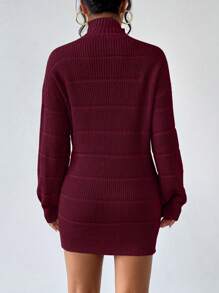 EMERY ROSE Solid Color Stand Collar Long Sleeve Short Dress - Burgundy - View 2