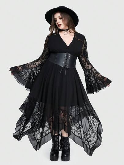 Robe gothique sexy grande taille avec encolure V profonde, manches évasées, ourlet asymétrique, insertions de dentelle et taille cintrée