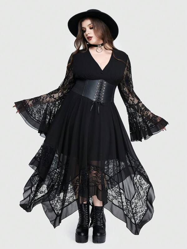 ROMWE Goth Plus Size Sexy Gothic Deep V-Neck Dress With Flared Sleeves, Asymmetrical Hem, Lace Inserts And Cinching Waist