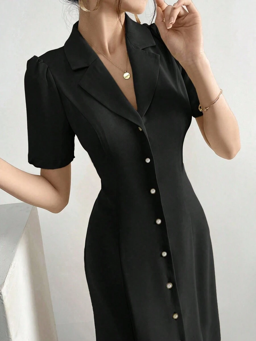 Modelyn 翻领前纽扣泡泡袖连衣裙超长款女士装长款晚礼服 - 黑色 - 查看 1