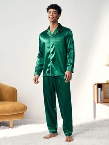 男士家居服套装：宽松长袖舒适衬衫，带领子、纽扣和口袋细节，搭配休闲条纹家居裤，秋冬服装 - 綠色 - 查看 6