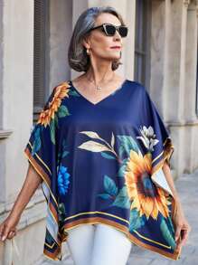 SHEIN LUNE Women Casual Elegant Summer Sundress Flowers Batwing Flowers V-Neck Batwing Sleeve Shirt - Multicolor - View 7