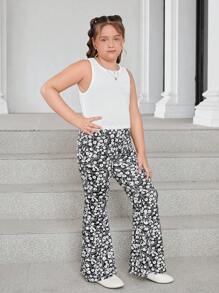 SHEIN Tween Girls Extended Size 2pcs Casual Floral Pattern Sleeveless Round Neck Sweatshirt And Flared Pants Set