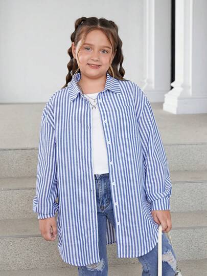 SHEIN Tween Girls' Extended Size Loose Casual Simple & Comfortable Striped Long Sleeve Shirt With Turn-Down Collar