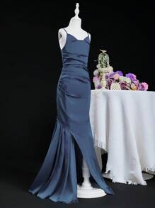 SHEIN 青春期女孩修身高腰细肩带鱼尾开衩连衣裙，适合婚礼、正式派对、生日