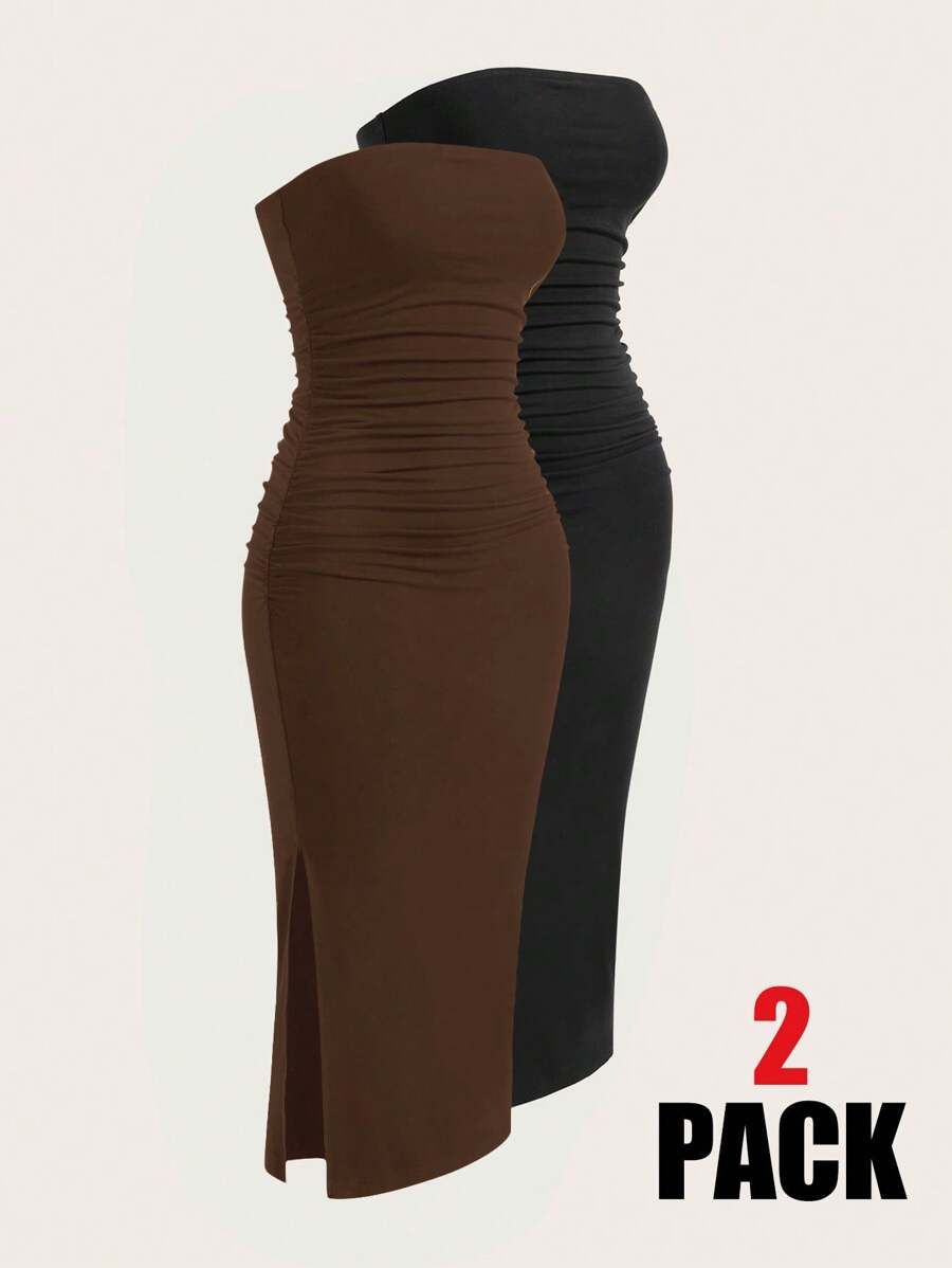 SHEIN EZwear 繽紛針織無肩帶女裝連衣裙 - 巧克力棕 - 查看 1