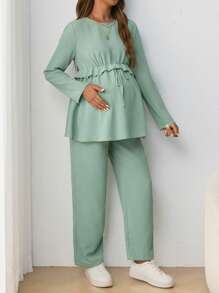 SHEIN 孕婦休閒圓領長袖T恤，帶有可調整彈性腰帶，2入組 - 綠色 - 查看 7