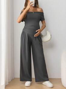 SHEIN 孕婦日常休閒短袖T恤和直筒褲套裝，可調節彈性腰圍，2件套組