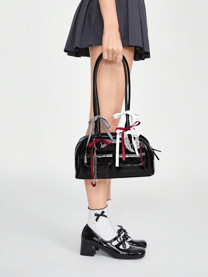 Kawaii Sac à taille rétro mignon à nœud papillon à carreaux avec décoration de cerise et de cœur, sac à épaule Boston à plusieurs poches, scolaire, éléments kawaii de cerise
