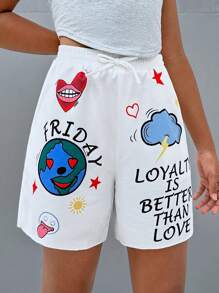 SHEIN Tween Girls' Casual Street Style Knitted Print Boxer Shorts - White - View 5