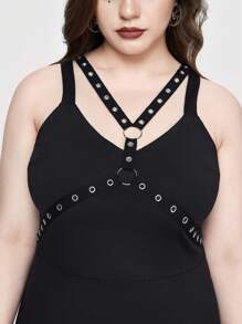 ROMWE Abito lungo in camicia asimmetrico Punk Gothic con taglio traforato occhi, ricamato in pizzo a contrasto, per taglie comode, colore nero - nero - Visualizzare 2