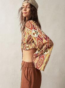 Bohemela Women's Full Print Vacation Style Tie Front Ruffle Hem Long Sleeve Cropped Shirt