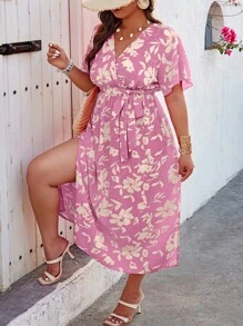 SHEIN Holidaya Plus Size Summer Vacation Random Printed Flounce Sleeve Dress - Pink - View 6