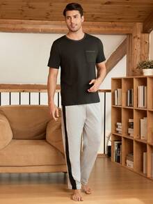 Men Contrast Side Seam Sleep Pants - Light Grey - View 6
