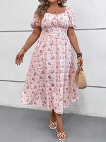 SHEIN VCAY Plus Size Fall/Winter Back-To-School Sisters Gathering Ruched Bust Romantic Print A-Line Long Dress