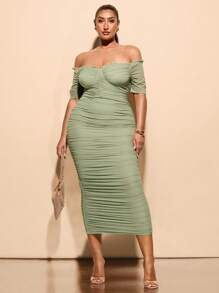 SHEIN BAE 大码女式夏季优雅弹力网眼单肩褶皱中长连衣裙 - 薄荷綠 - 查看 1